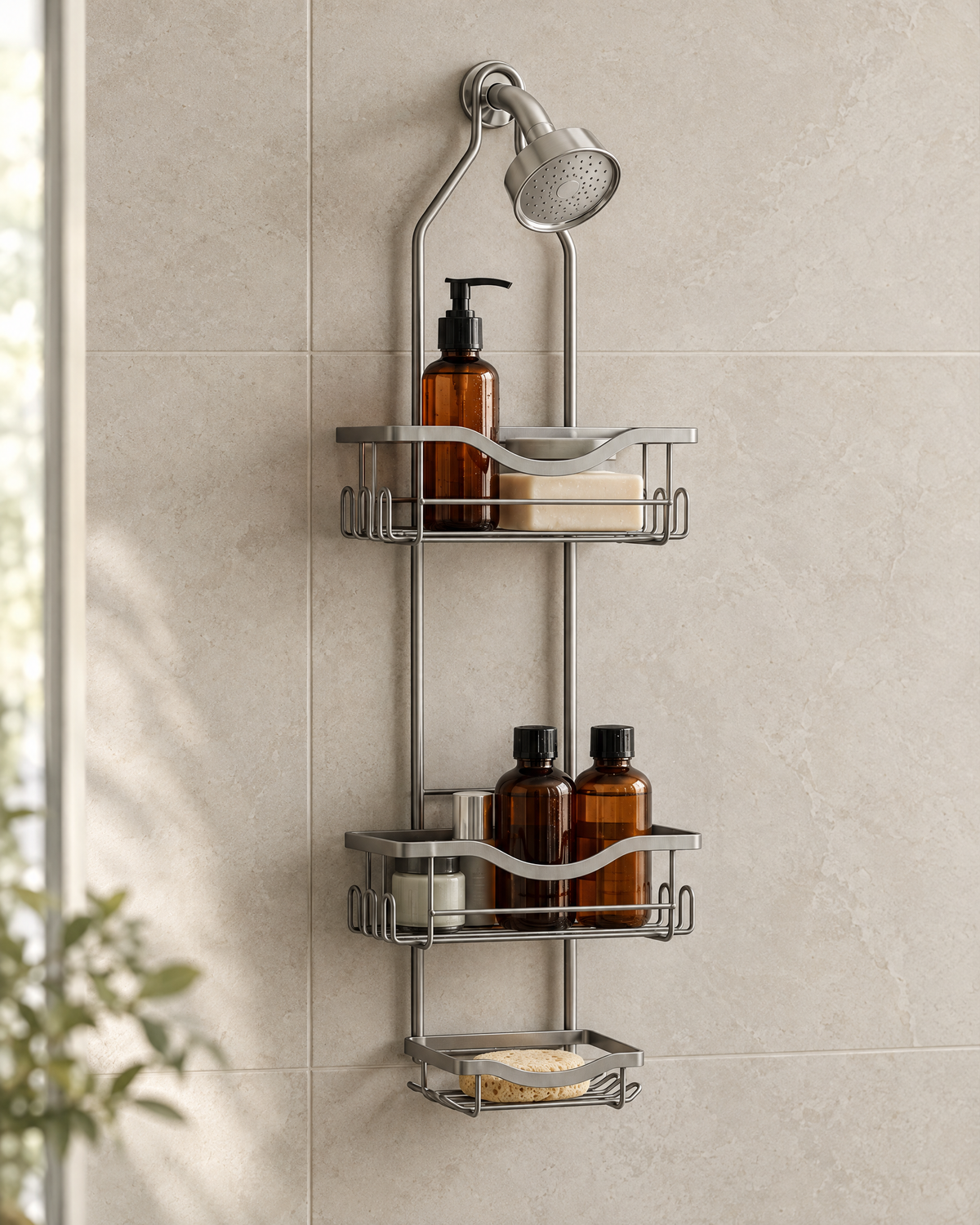 A calm bathroom in warm whites, sage and stone