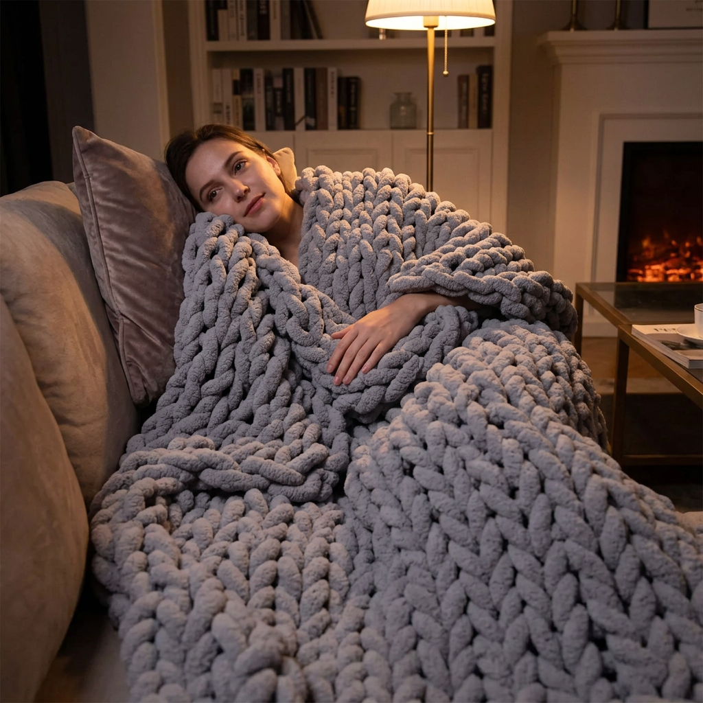 Chunky Knit Weighted Blanket — in use
